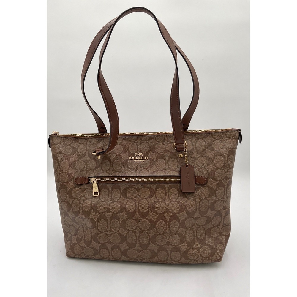 Coach Signature Zip Top Tote Bag Brown Khaki Canvas Leather Shoulder Purse